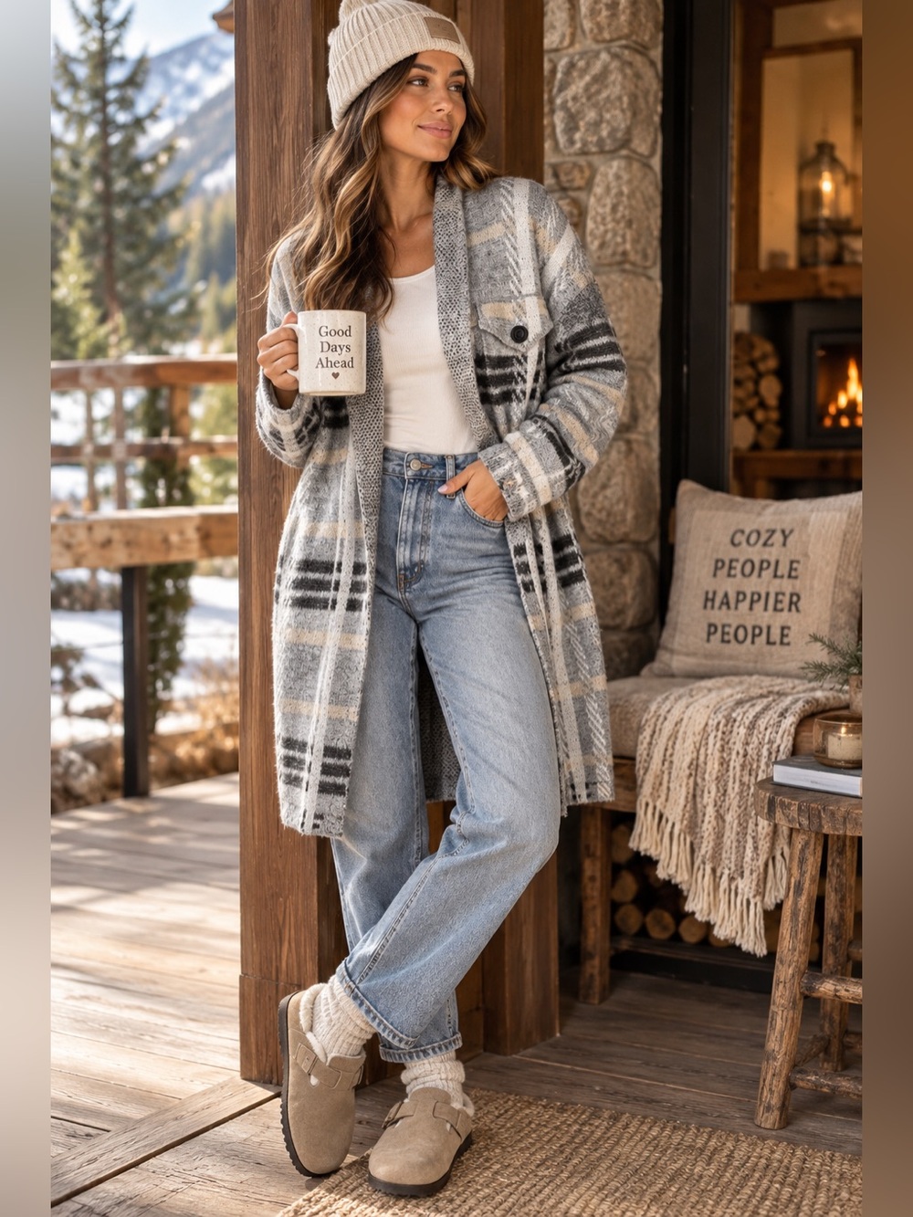 By Design Plaid Longline Open Front Cardigan Sweater Gray Size Small